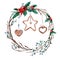 Watercolor Christmas wreath with wooden ornaments, holly and mistletoe