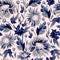 Watercolor Chrysanthemum flowers, leaves, stems and buds in blue halftones.