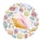 Watercolor circle  marine life for decoration design of sea shells. Illustration for greeting cards, invitations, and other