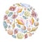 Watercolor circle  marine life for decoration design of sea shells. Illustration for greeting cards, invitations, and other