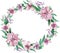Watercolor circular pink floral wreath with flowers and central white copy space for text. Decorative christmas rose