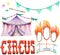 A watercolor circus set with the hand drawn elements: a garland of flags, fire rings and circus tent.