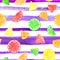 Watercolor citrus pattern with grapefruit, lime, orange, lemon slice on striped background. Citrus seamless pattern