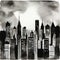 Watercolor of city at night post punk black and white melancholic