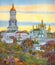 Watercolor cityscape. Monastery on steep hill at autumn evening