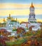 Watercolor cityscape. Monastery on steep hill at autumn evening