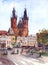 Watercolor Classic church in old town square near prague astronomical clock of prague, czech republic