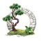 Watercolor clip art, zen garden design element, round stone gate arch and bonsai tree. Spiritual nature landscape, isolated on