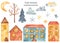 Watercolor clipart cute cartoon multi-story houses, tree, spruce, clouds, crescent, stars, snowflakes
