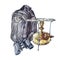 Watercolor clipart hiking trip in the mountains: backpack, binoculars, golden russian vintage oil stove primus isolated