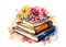 watercolor clipart stack of books and flowers on white background