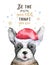 Watercolor closeup merry christmas portrait of cute dog. Isolated on white background. Hand drawn sweet home new year