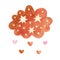 Watercolor cloud with stars and hearts in neutral pastel color on white. Childish illustration in boho style