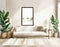 Watercolor of Coastal themed living room with beige wooden boho and Frame wall mock