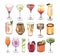 Watercolor cocktail glasses set: martini, gin, wine, margarita, goblet, liquor, rum. Hand-drawn illustration isolated on