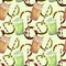 Watercolor coffee seamless pattern. Hand drawn hot drinks, matcha latte, coffee splash on green background. Breakfast backdrop