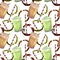 Watercolor coffee seamless pattern. Hand drawn hot drinks, matcha latte, coffee splash on white background. Breakfast backdrop