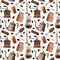 Watercolor coffee seamless pattern. Hand drawn vintage coffee elements and hot beverage on white background. Breakfast backdrop.