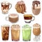 Watercolor coffee set with different hot drinks. latte,  espresso, cappuccino, iced coffee, matcha latte, hot chocolate, caramele