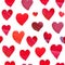 Watercolor collage seamless pattern with multicolor hearts isolared on white background. Happy Valentine`s Day