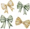 Watercolor collection of beige and green bows, coiled ribbons, isolated on white background.