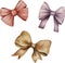 Watercolor collection of beige, pink, purple bows, coiled ribbons, isolated on white background.