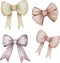 Watercolor collection of beige, purple, pink bows, coiled ribbons, isolated on white background.