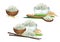Watercolor collection of bowls of rice decorated with cereals and wooden sticks.
