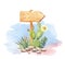 Watercolor collection cactus cacti and succulents in stone with arrow-shape wooden signpost plans