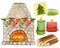 Watercolor collection, christmas interior. Fireplace, firewood, candles and pillows isolated on white background.