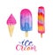 Watercolor collection of colorful ice cream. Bright set