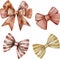 Watercolor collection of red and beige bows, coiled ribbons, isolated on white background.