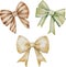 Watercolor collection of strip beige and green bows, coiled ribbons, isolated on white background.