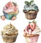 Watercolor collection of sweet cream cupcakes with berries, isolated on white background.