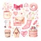 Watercolor collection of valentines day attributes. Illustration of pink hearts, cute cup, flowers, cake, donut, birdhouse. Love