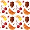 Watercolor colored seamless pattern with fruits, berries and spices. Christmas shooting star and fir cone.