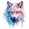 Watercolor colored wolf head illustration portrait for print on white background.