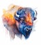 Watercolor colorful bison face painting. Realistic wild animal illustration. Created with Generative AI technology