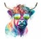 Watercolor colorful highland cow with glasses. Realistic hippie animal head illustration. Created with Generative AI technology