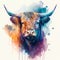 Watercolor colorful highland cow painting. Realistic animal portrait illustration. Created with Generative AI technology