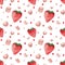 Watercolor colorful pattern, strawberries, marshmallow and dots on a white background. Seamless food pattern
