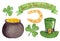 Watercolor colorful saint Patrick's day set. Clover, horseshoe, banner, leprechaun hat, bowler hat with gold