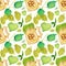 Watercolor, colorful, seamless pattern with hop sprig and cones, wooden pint with green ale on a white background.