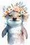 Watercolor colorful shark, cute character with flowers crown. Beautiful watercolor baby shark portrait illustration