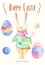 Watercolor coloured easter eggs, stars, button and rabbit