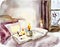 Watercolor of Comforting winter bedroom with warm soft