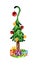 Watercolor comic Christmas tree decorated with red and yellow balls, and under it are boxes with gifts