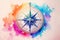 Watercolor Compass Illustration with Colorful Paint Splash. Aquarelle Style Design on Nautical or Adventure Theme for