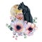 Watercolor composition with black wiled panther and flowers peonies , anemone in a shape of moon