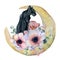 Watercolor composition with black wiled panther and flowers peonies , anemone in a shape of moon